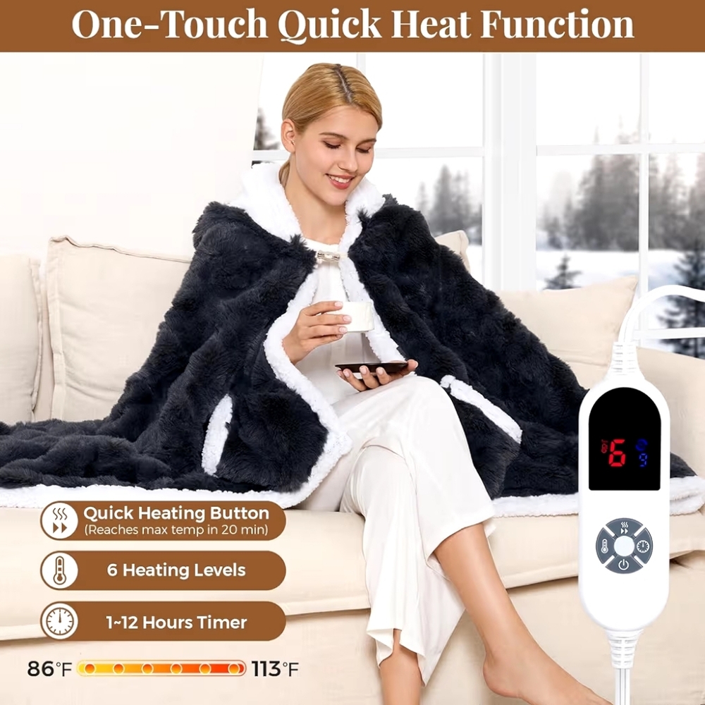 Heated Plush Hooded Wearable Blanket - Black with White Trim - Picture 2 of 4